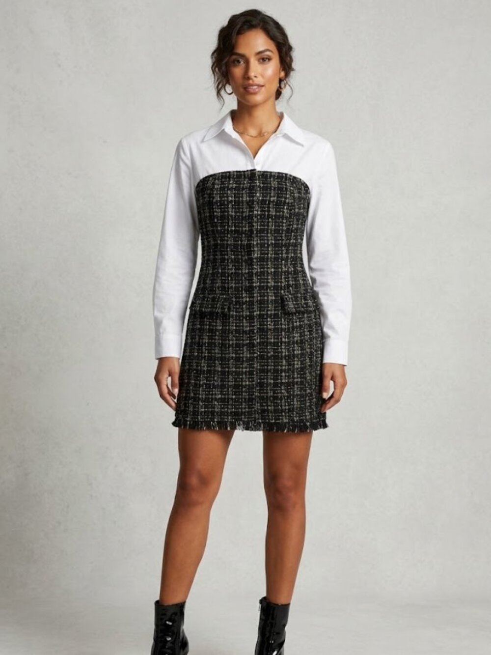 Venus NWOT black white Tailored Layered look Tweed Bodycon long sleeve dress, S